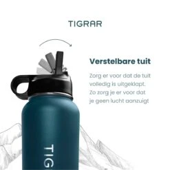 Tigrar - Waterfles - Drinkfles - Thermosfles 1 Liter Dubbelwandig - RVS - (Staal) Blauw - Incl. Extra Dop 3 Rietjes En Reiniger -Servies Serie Winkel 1198x1200