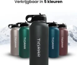 Tigrar - Drinkfles - Waterfles - Thermosfles 1 Liter - RVS - (Grafiet) Zwart - Incl. Extra Dop 3 Rietjes En Reiniger -Servies Serie Winkel 1200x1021