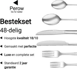 Perow 8 Persoons Bestekset - 48 Delig - 18/10 Edelstaal - Lepels, Messen, Vorken & Steakmessen - Vaatwasser Bestendig - Zilver -Servies Serie Winkel 1200x1073 3