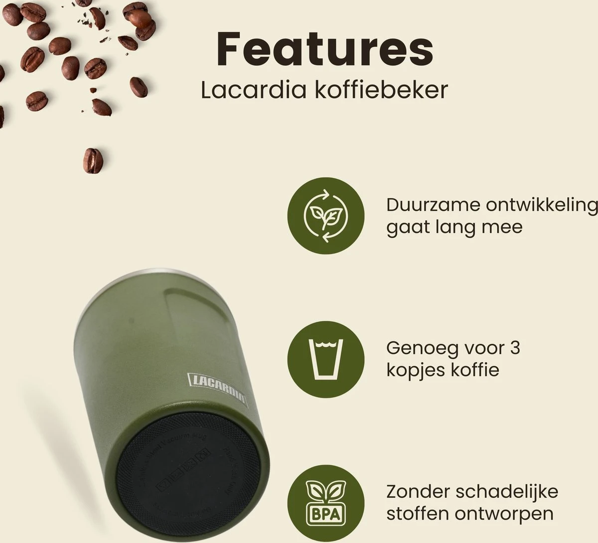 LaCardia Koffiebeker To Go Premium Groen – Thermosbeker – Theebeker – 380ML – Herbruikbaar 3 LaCardia Koffiebeker To Go Premium Groen – Thermosbeker – Theebeker – 380ML – Herbruikbaar - Afbeelding 3