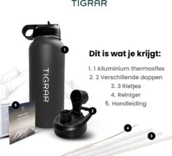 Tigrar - Drinkfles - Waterfles - Thermosfles 1 Liter - RVS - (Grafiet) Zwart - Incl. Extra Dop 3 Rietjes En Reiniger -Servies Serie Winkel 1200x1092