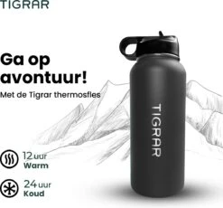 Tigrar - Drinkfles - Waterfles - Thermosfles 1 Liter - RVS - (Grafiet) Zwart - Incl. Extra Dop 3 Rietjes En Reiniger -Servies Serie Winkel 1200x1116