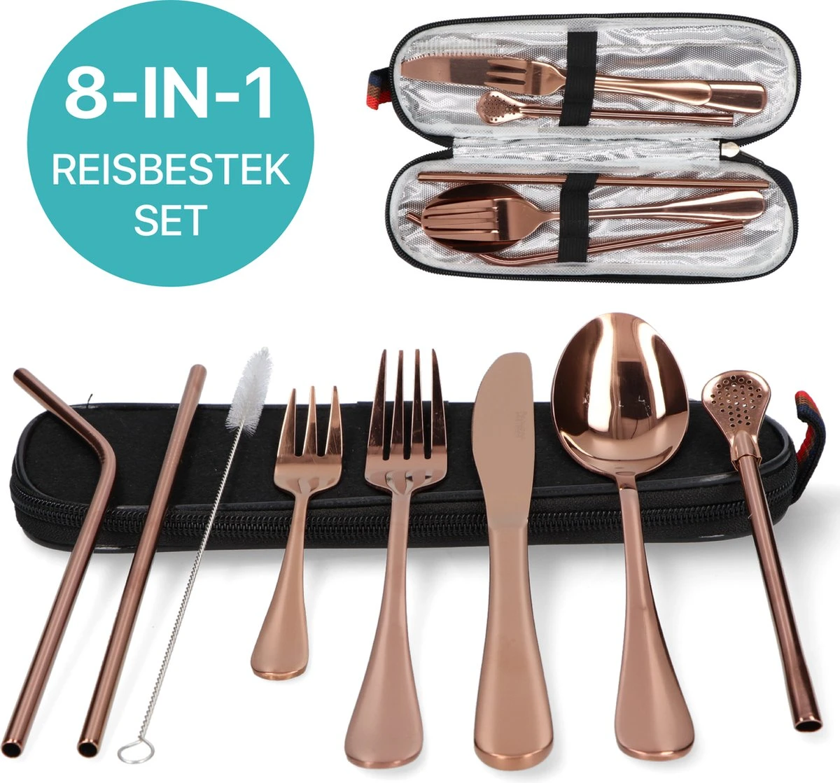 Damster Reisbestek - Verbeterde Versie - Meeneem Bestek Rvs - Reis Bestekset To Go - Incl. Herbruikbare Rietjes - Eenpersoons - Achtdelig - Roodgoud 1 Damster Reisbestek - Verbeterde Versie - Meeneem Bestek Rvs - Reis Bestekset To Go - Incl. Herbruikbare Rietjes - Eenpersoons - Achtdelig - Roodgoud