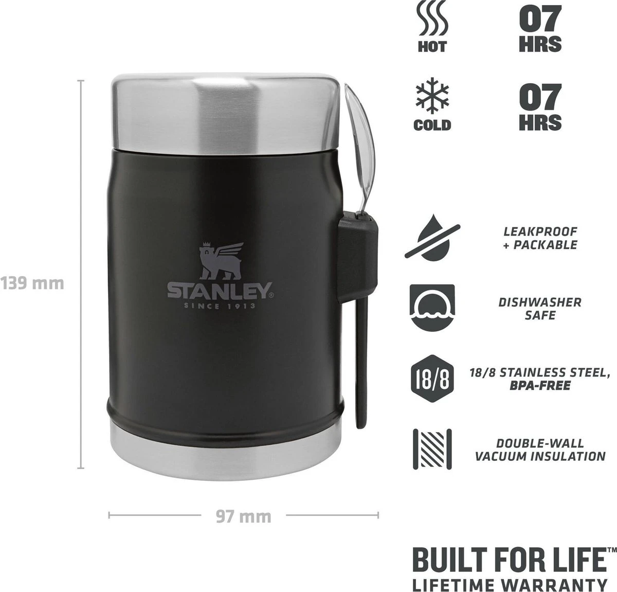 Stanley The Legendary Food Jar + Spork 0,4L - Thermosfles - Matt Black 3 Stanley The Legendary Food Jar + Spork 0,4L - Thermosfles - Matt Black - Afbeelding 3