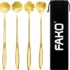 Fako Bijoux® - 4 Lange Lepels Bloem Motief - Latte Macchiato - Longdrink - Cocktail - Dessert - IJs - Koffie - Goud - 4 Stuks - Bewaarzakje