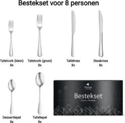 Perow 8 Persoons Bestekset - 48 Delig - 18/10 Edelstaal - Lepels, Messen, Vorken & Steakmessen - Vaatwasser Bestendig - Zilver -Servies Serie Winkel 1200x1177 11