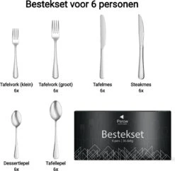Perow 6 Persoons Bestekset – 36 Delig – 18/10 Edelstaal – Lepels, Messen, Vorken & Steakmessen – Vaatwasserbestendig – Zilver - Serviessets -Servies Serie Winkel 1200x1177 12