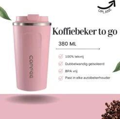 Thermosbeker - Koffiebeker To Go - Travel Mug - Dubbelwandig, RVS & Lekvrij - Thermosbeker Koffie - 380 ML – Roze -Servies Serie Winkel 1200x1184 4