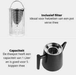 Castagnola Theepot Met Filter – Theekan – Theepot Dubbelwandig – Theepot Roestvrijstaal – Hoogwaardig RVS – 1 Liter – 5 Kopjes Thee – Zwart -Servies Serie Winkel 1200x1195 13