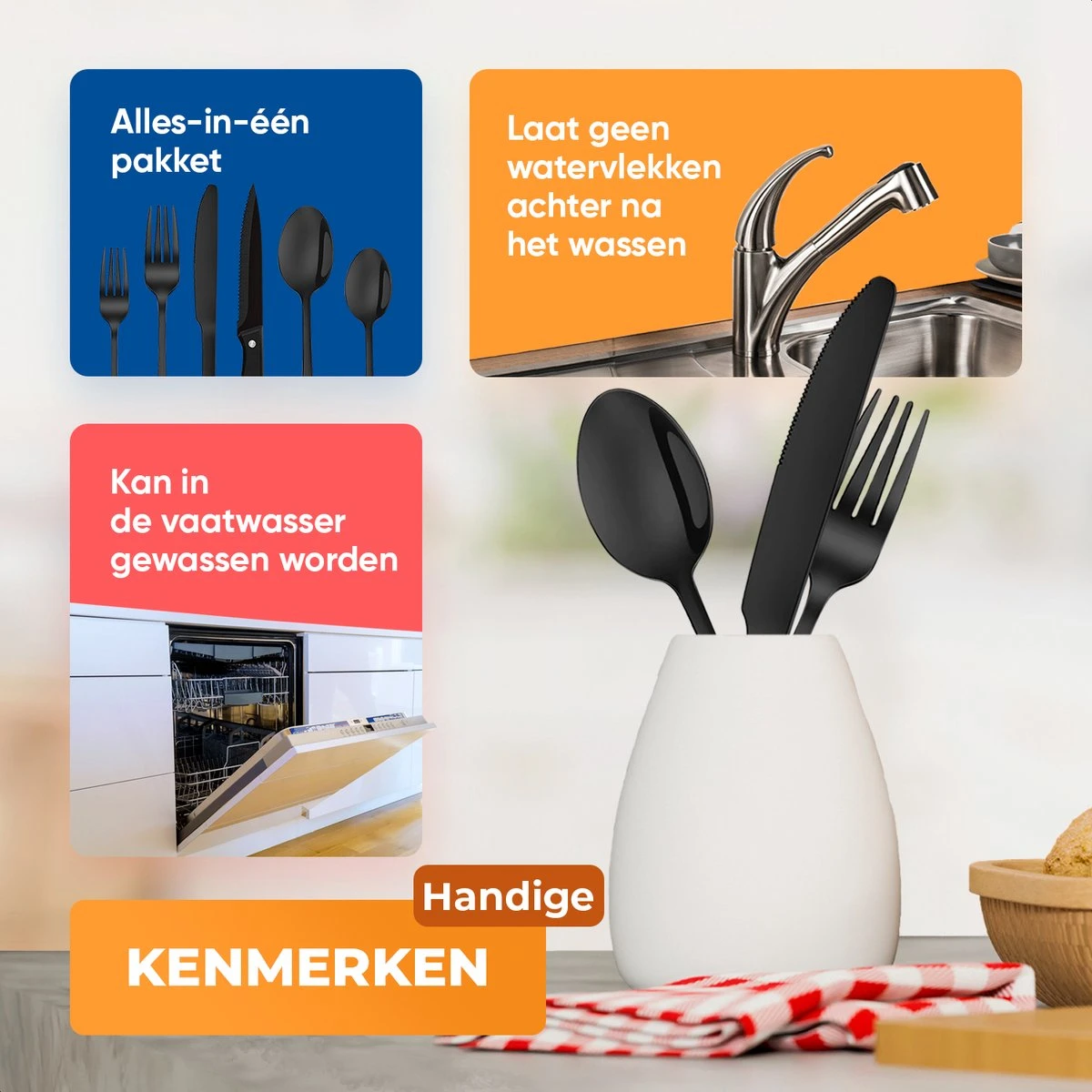 Strex Bestekset 6 Persoons - Zwart - 36-delig - Roestvrij Staal - Lepels, Messen, Vorken En Steakmessen - Hoogwaardige Kwaliteit 3 Strex Bestekset 6 Persoons - Zwart - 36-delig - Roestvrij Staal - Lepels, Messen, Vorken En Steakmessen - Hoogwaardige Kwaliteit - Afbeelding 3