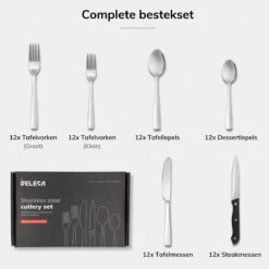Deleca 12 Persoons Bestekset (72-delig) - Lepels, Messen, Vorken & Steakmessen - Vaatwasserbestendig - Zilver / RVS -Servies Serie Winkel 1200x1200 1091