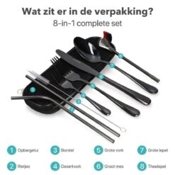 Damster Reisbestek - Verbeterde Versie - Meeneem Bestek Rvs - Reis Bestekset To Go - Incl. Herbruikbare Rietjes - Eenpersoons - Achtdelig - Zwart -Servies Serie Winkel 1200x1200 1093