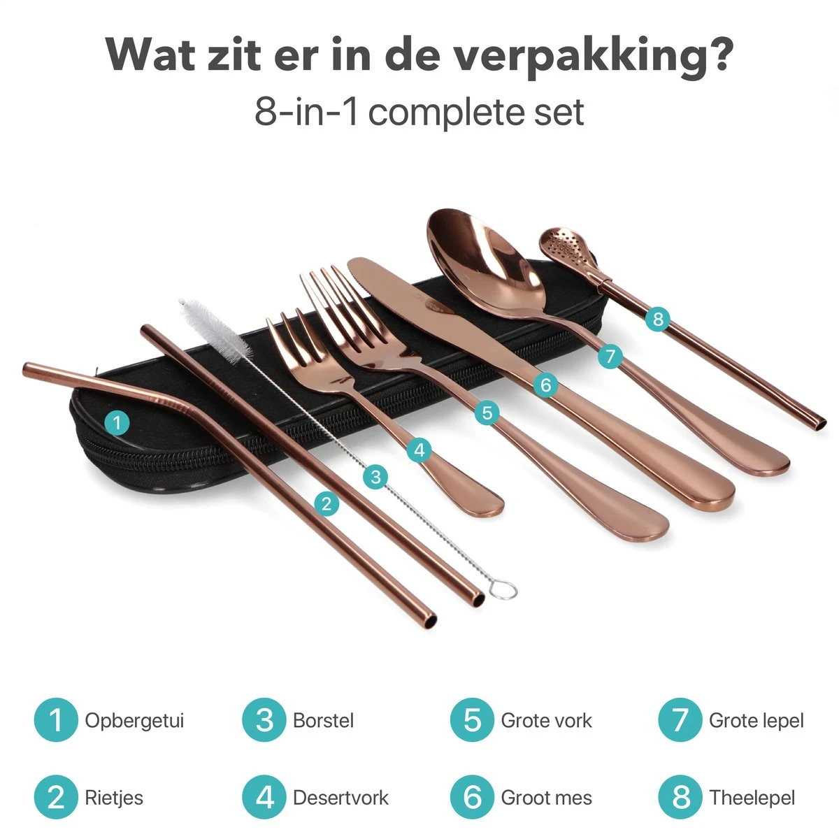 Damster Reisbestek - Verbeterde Versie - Meeneem Bestek Rvs - Reis Bestekset To Go - Incl. Herbruikbare Rietjes - Eenpersoons - Achtdelig - Roodgoud 2 Damster Reisbestek - Verbeterde Versie - Meeneem Bestek Rvs - Reis Bestekset To Go - Incl. Herbruikbare Rietjes - Eenpersoons - Achtdelig - Roodgoud - Afbeelding 2