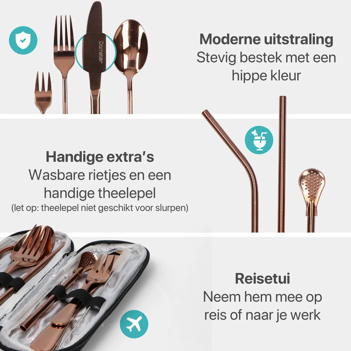 Damster Reisbestek - Verbeterde Versie - Meeneem Bestek Rvs - Reis Bestekset To Go - Incl. Herbruikbare Rietjes - Eenpersoons - Achtdelig - Roodgoud 6 Damster Reisbestek - Verbeterde Versie - Meeneem Bestek Rvs - Reis Bestekset To Go - Incl. Herbruikbare Rietjes - Eenpersoons - Achtdelig - Roodgoud - Afbeelding 6