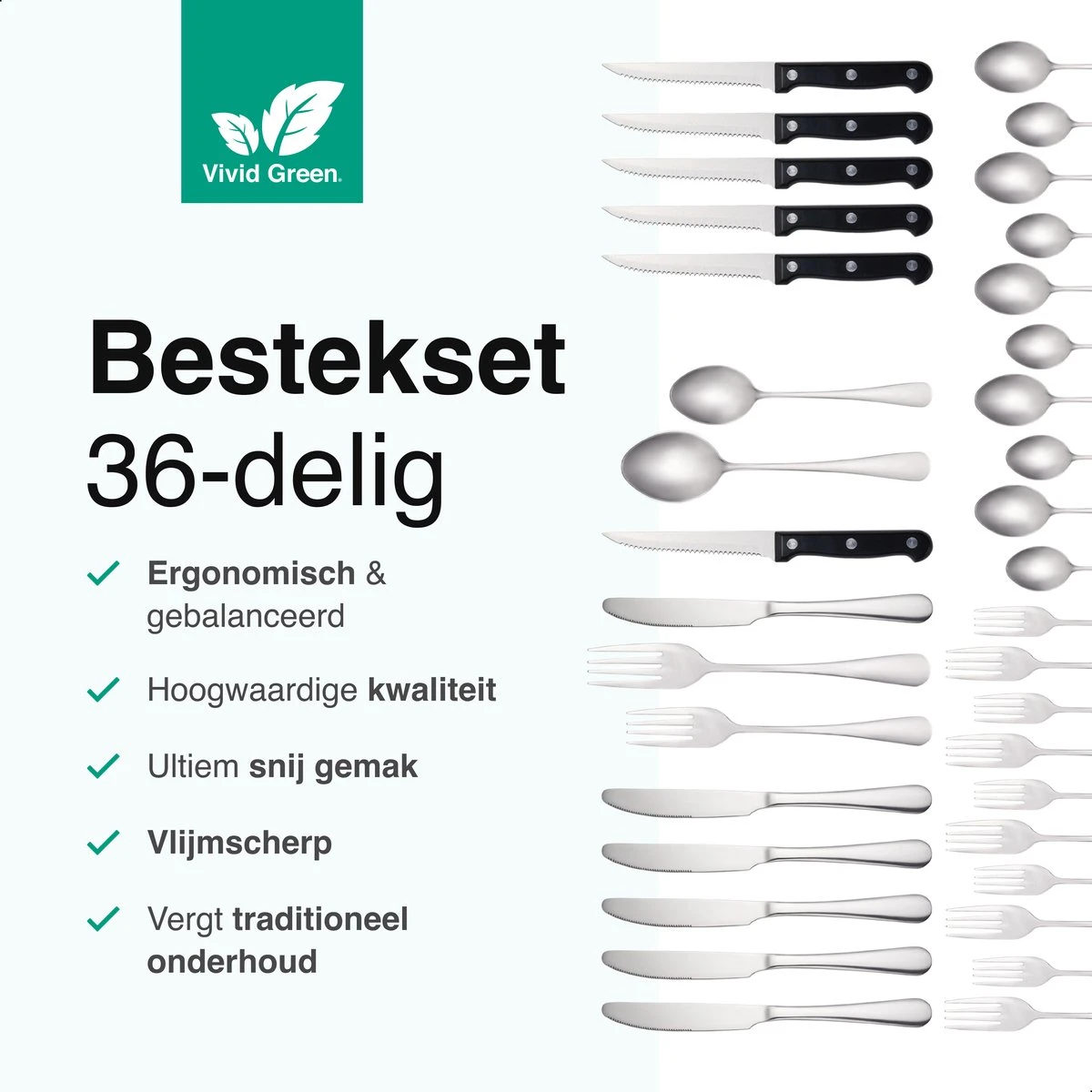 Vivid Green Bestekset (36-delig) - Bestek Set 6 Persoons - Lepels, Messen, Vorken En Steakmessen - Vaatwasserbestendig - RVS 2 Vivid Green Bestekset (36-delig) - Bestek Set 6 Persoons - Lepels, Messen, Vorken En Steakmessen - Vaatwasserbestendig - RVS - Afbeelding 2