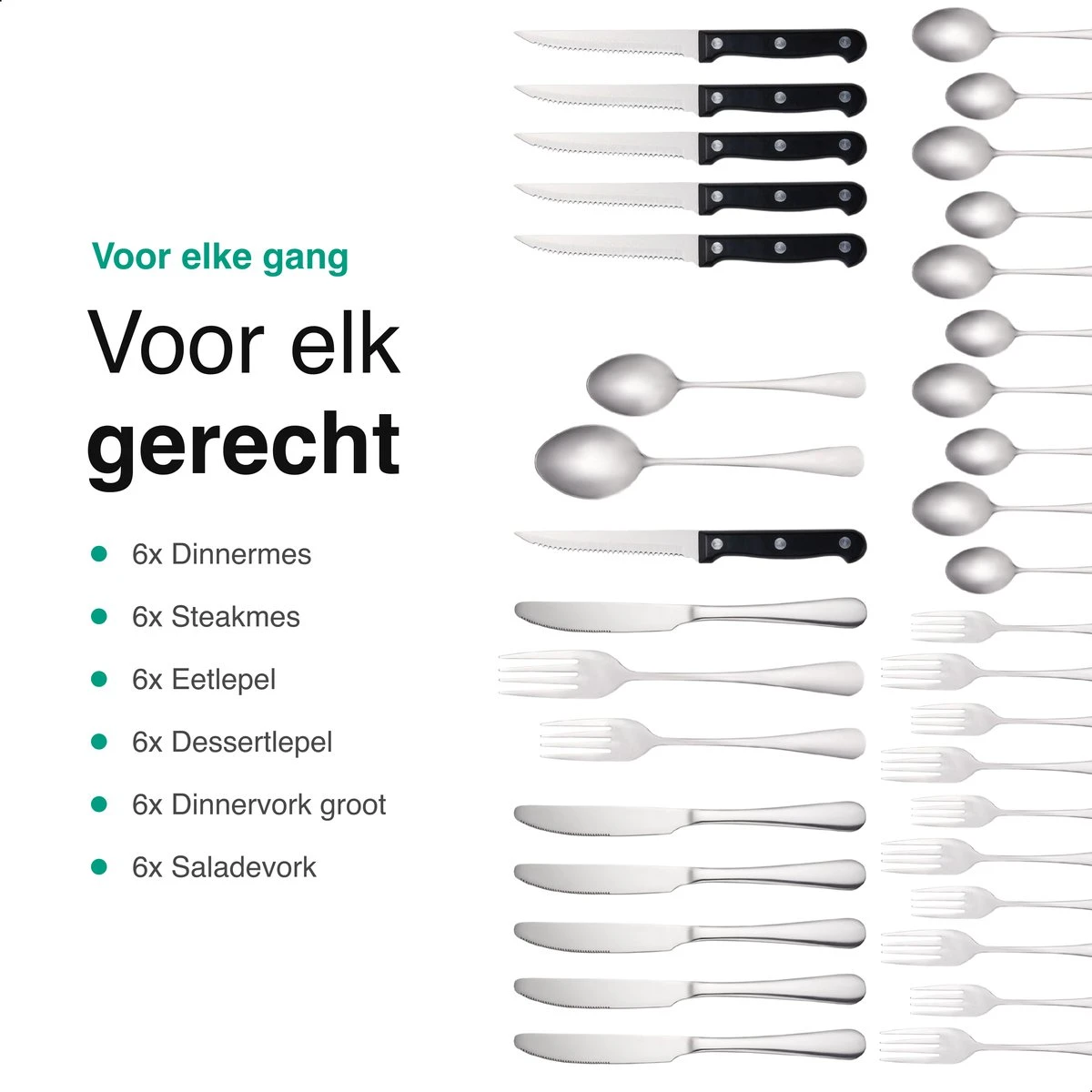 Vivid Green Bestekset (36-delig) - Bestek Set 6 Persoons - Lepels, Messen, Vorken En Steakmessen - Vaatwasserbestendig - RVS 8 Vivid Green Bestekset (36-delig) - Bestek Set 6 Persoons - Lepels, Messen, Vorken En Steakmessen - Vaatwasserbestendig - RVS - Afbeelding 8