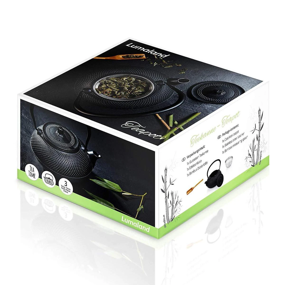 Lumaland - Thee Set - Theeservies - 1x Gietijzeren Theepot (1,4L), 1x Bamboe Doseerlepel, 1x Edelstalen Zeef 2 Lumaland - Thee Set - Theeservies - 1x Gietijzeren Theepot (1,4L), 1x Bamboe Doseerlepel, 1x Edelstalen Zeef - Afbeelding 2