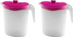 Servies Serie Winkel 34 2x Waterkannen/sapkannen Met Roze Deksel 2,5 Liter 11 X 23 X 26 Cm Kunststof - Sapkannen/waterkannen/schenkkannen/limonadekannen