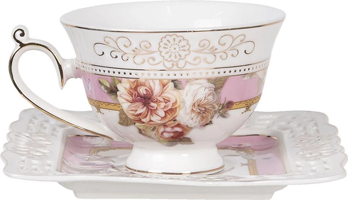 Clayre & Eef Kop En Schotel 200 Ml Roze Wit Porselein Rond Bloemen Servies Cadeau Voor Haar Cappuccino 7 Clayre & Eef Kop En Schotel 200 Ml Roze Wit Porselein Rond Bloemen Servies Cadeau Voor Haar Cappuccino - Afbeelding 7