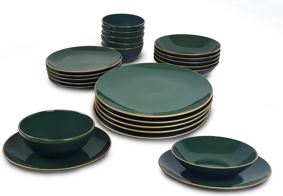 Keremika Serviesset 24 Delig 6 Persoons - Bordenset - Dinerborden - Aardewerk - Groen Met Goude Randen