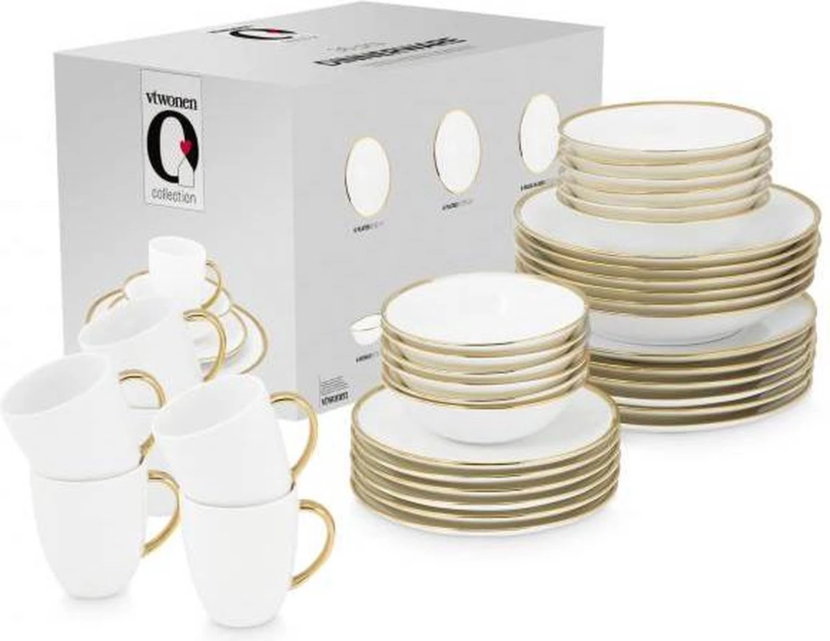 Vtwonen Serviesset - Wit/Goud - Porselein - 36-Delig 1 Vtwonen Serviesset - Wit/Goud - Porselein - 36-Delig