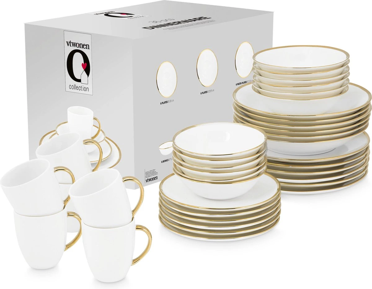 Vtwonen Serviesset - Wit/Goud - Porselein - 36-Delig 2 Vtwonen Serviesset - Wit/Goud - Porselein - 36-Delig - Afbeelding 2