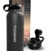 Tigrar - Drinkfles - Waterfles - Thermosfles 1 Liter - RVS - (Grafiet) Zwart - Incl. Extra Dop 3 Rietjes En Reiniger